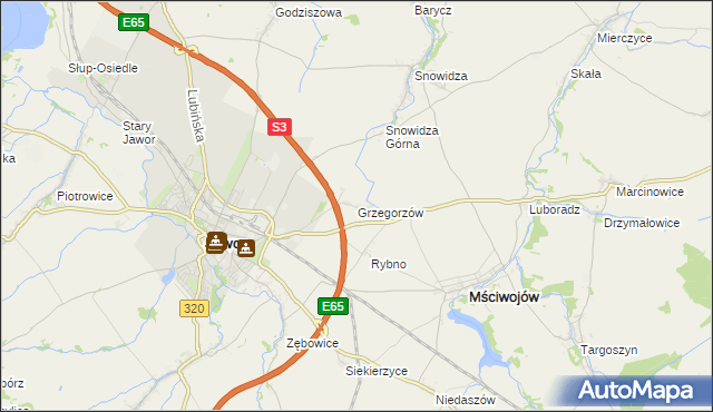 mapa Grzegorzów gmina Mściwojów, Grzegorzów gmina Mściwojów na mapie Targeo