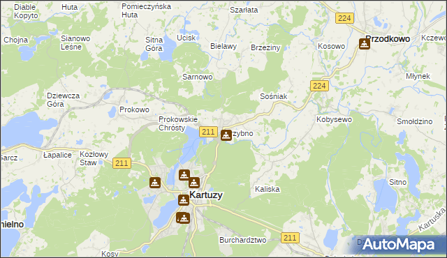mapa Grzybno gmina Kartuzy, Grzybno gmina Kartuzy na mapie Targeo