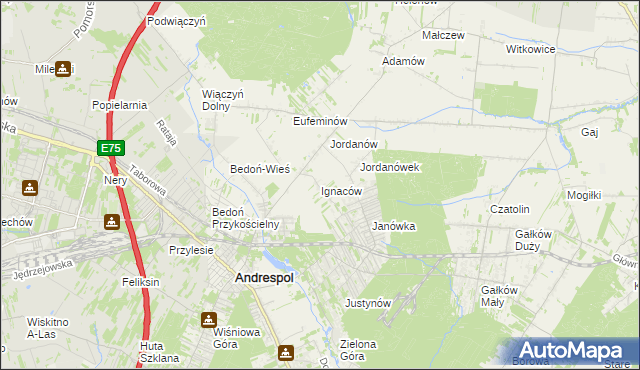 mapa Ignaców gmina Brzeziny, Ignaców gmina Brzeziny na mapie Targeo