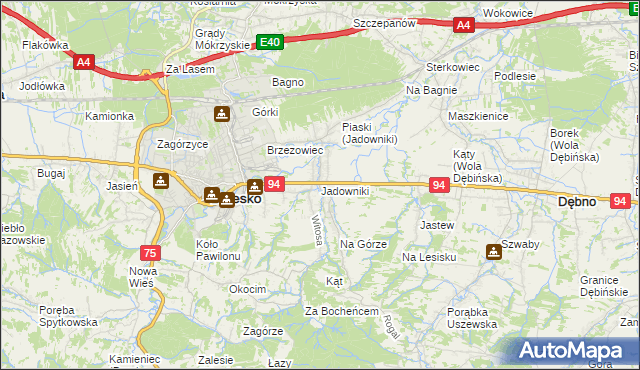 mapa Jadowniki gmina Brzesko, Jadowniki gmina Brzesko na mapie Targeo