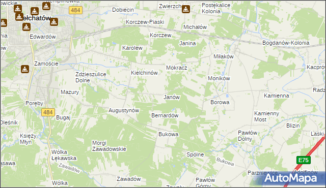 mapa Janów gmina Bełchatów, Janów gmina Bełchatów na mapie Targeo