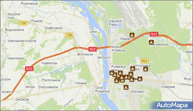 mapa Jaroszyn gmina Puławy, Jaroszyn gmina Puławy na mapie Targeo