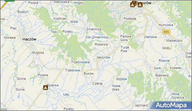 mapa Jasionów gmina Haczów, Jasionów gmina Haczów na mapie Targeo