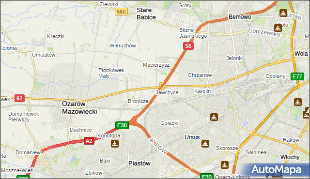 mapa Jawczyce gmina Ożarów Mazowiecki, Jawczyce gmina Ożarów Mazowiecki na mapie Targeo