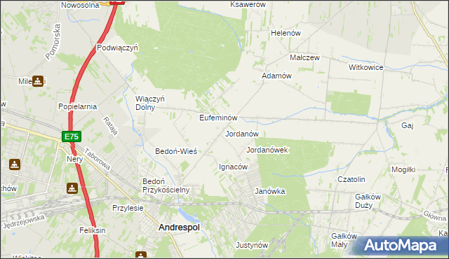 mapa Jordanów gmina Brzeziny, Jordanów gmina Brzeziny na mapie Targeo