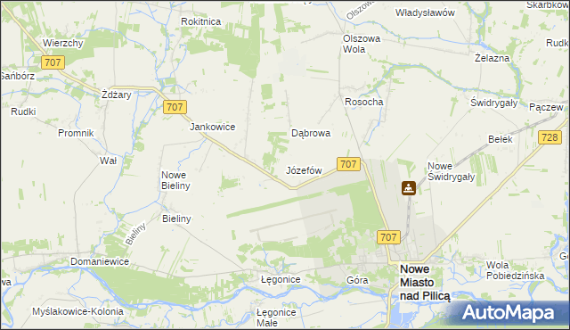 mapa Józefów gmina Nowe Miasto nad Pilicą, Józefów gmina Nowe Miasto nad Pilicą na mapie Targeo