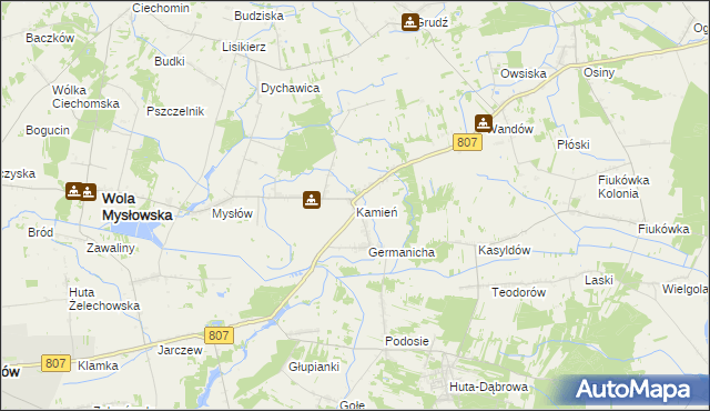 mapa Kamień gmina Wola Mysłowska, Kamień gmina Wola Mysłowska na mapie Targeo