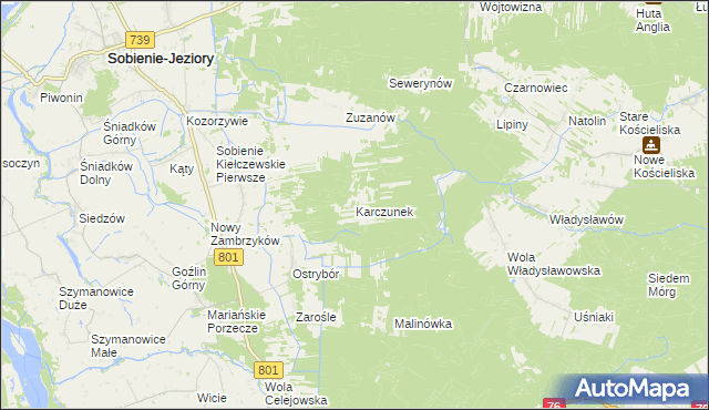 mapa Karczunek gmina Sobienie-Jeziory, Karczunek gmina Sobienie-Jeziory na mapie Targeo