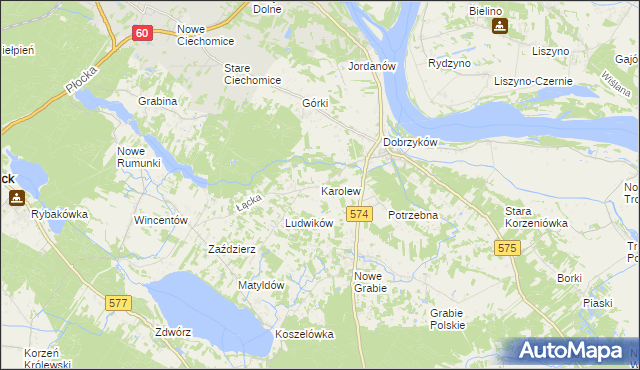 mapa Karolew gmina Gąbin, Karolew gmina Gąbin na mapie Targeo