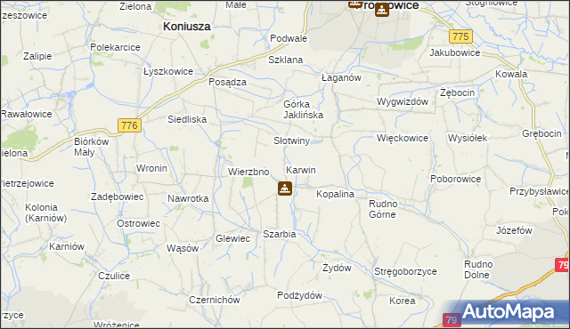 mapa Karwin gmina Koniusza, Karwin gmina Koniusza na mapie Targeo