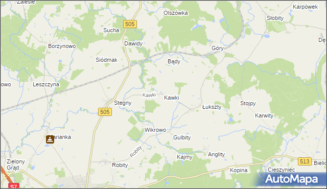 mapa Kawki gmina Pasłęk, Kawki gmina Pasłęk na mapie Targeo