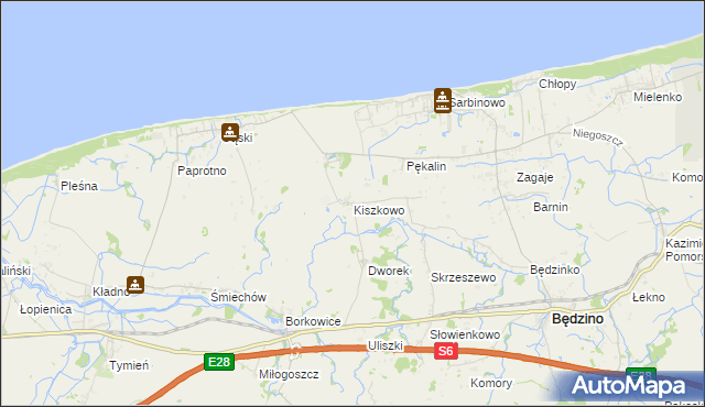 mapa Kiszkowo gmina Będzino, Kiszkowo gmina Będzino na mapie Targeo