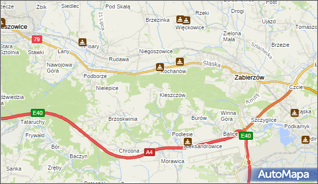 mapa Kleszczów gmina Zabierzów, Kleszczów gmina Zabierzów na mapie Targeo