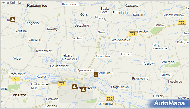 mapa Klimontów gmina Proszowice, Klimontów gmina Proszowice na mapie Targeo