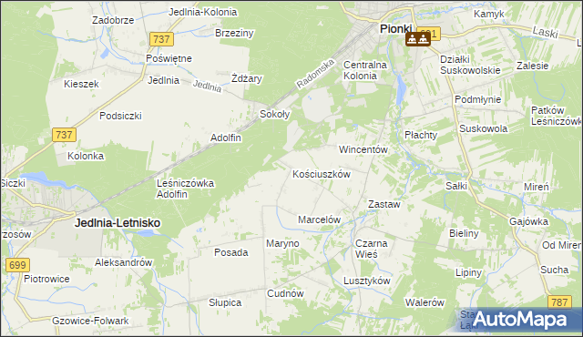 mapa Kościuszków gmina Pionki, Kościuszków gmina Pionki na mapie Targeo