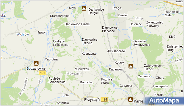 mapa Kostrzyna gmina Panki, Kostrzyna gmina Panki na mapie Targeo