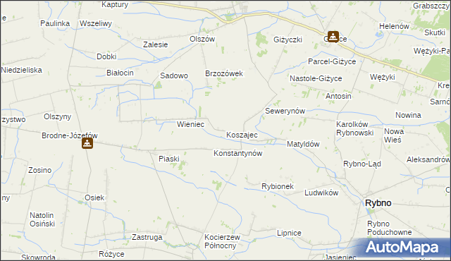mapa Koszajec gmina Rybno, Koszajec gmina Rybno na mapie Targeo