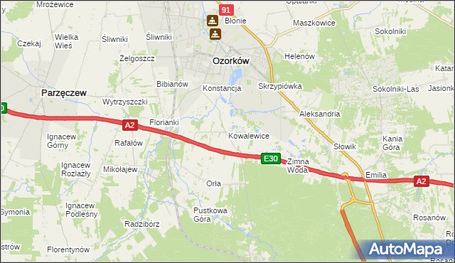 mapa Kowalewice gmina Parzęczew, Kowalewice gmina Parzęczew na mapie Targeo