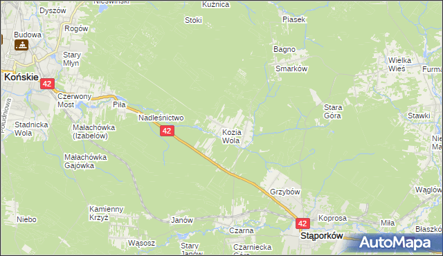 mapa Kozia Wola gmina Stąporków, Kozia Wola gmina Stąporków na mapie Targeo