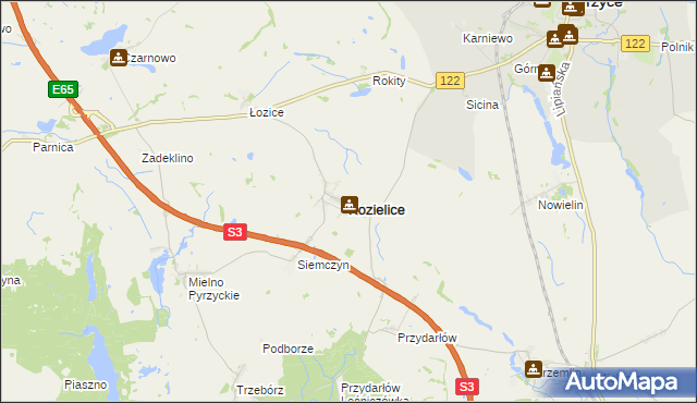 mapa Kozielice powiat pyrzycki, Kozielice powiat pyrzycki na mapie Targeo