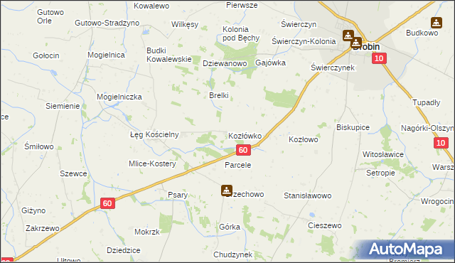 mapa Kozłówko gmina Drobin, Kozłówko gmina Drobin na mapie Targeo