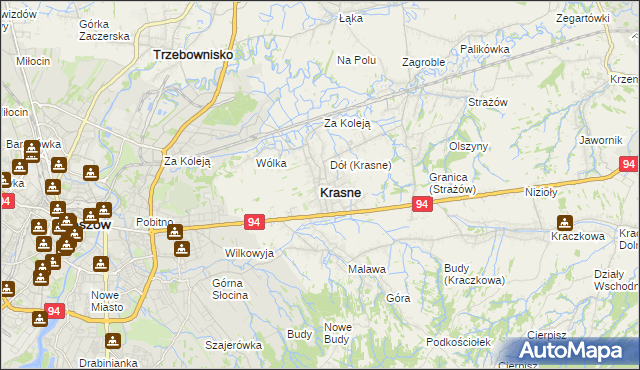 mapa Krasne powiat rzeszowski, Krasne powiat rzeszowski na mapie Targeo