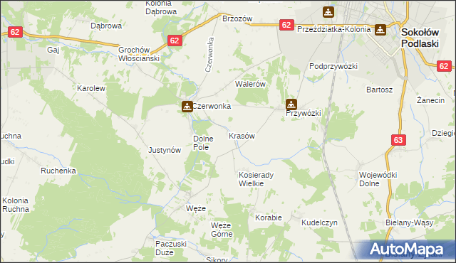 mapa Krasów gmina Sokołów Podlaski, Krasów gmina Sokołów Podlaski na mapie Targeo