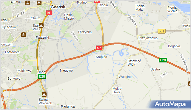 mapa Krępiec gmina Pruszcz Gdański, Krępiec gmina Pruszcz Gdański na mapie Targeo