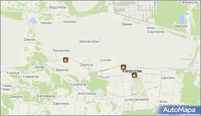 mapa Kuców gmina Kleszczów, Kuców gmina Kleszczów na mapie Targeo