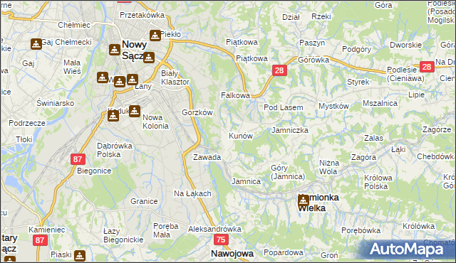 mapa Kunów gmina Chełmiec, Kunów gmina Chełmiec na mapie Targeo