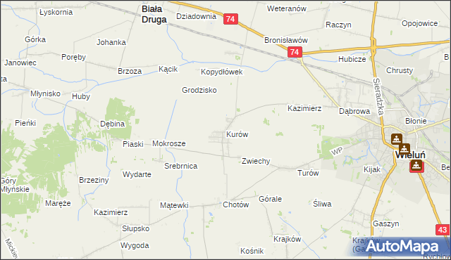 mapa Kurów gmina Wieluń, Kurów gmina Wieluń na mapie Targeo