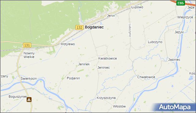 mapa Kwiatkowice gmina Bogdaniec, Kwiatkowice gmina Bogdaniec na mapie Targeo