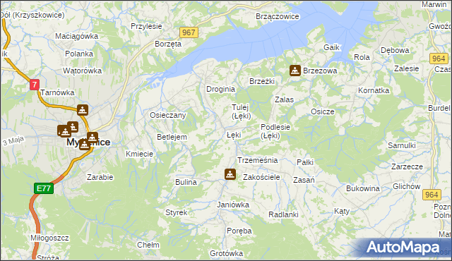 mapa Łęki gmina Myślenice, Łęki gmina Myślenice na mapie Targeo