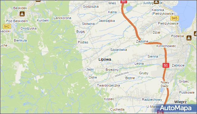 mapa Lipowa powiat żywiecki, Lipowa powiat żywiecki na mapie Targeo