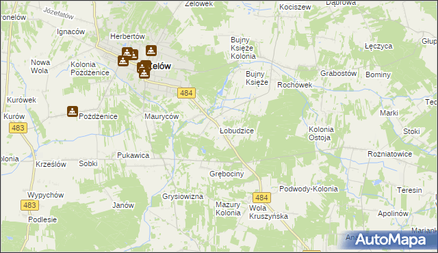 mapa Łobudzice gmina Zelów, Łobudzice gmina Zelów na mapie Targeo