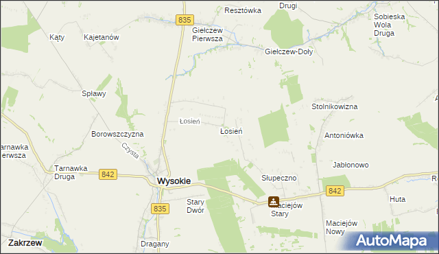 mapa Łosień gmina Wysokie, Łosień gmina Wysokie na mapie Targeo