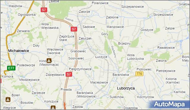mapa Łuczyce gmina Kocmyrzów-Luborzyca, Łuczyce gmina Kocmyrzów-Luborzyca na mapie Targeo