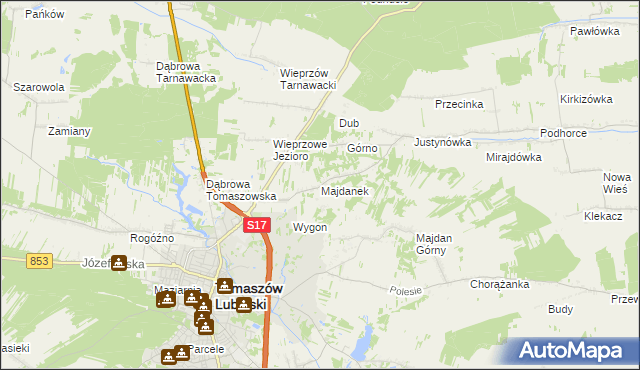 mapa Majdanek gmina Tomaszów Lubelski, Majdanek gmina Tomaszów Lubelski na mapie Targeo