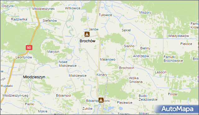 mapa Malanowo gmina Brochów, Malanowo gmina Brochów na mapie Targeo