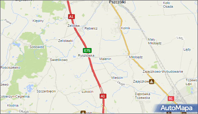 mapa Malenin gmina Tczew, Malenin gmina Tczew na mapie Targeo