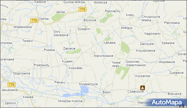 mapa Marcinkowice gmina Kazimierza Wielka, Marcinkowice gmina Kazimierza Wielka na mapie Targeo