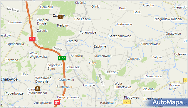 mapa Marszowice gmina Kocmyrzów-Luborzyca, Marszowice gmina Kocmyrzów-Luborzyca na mapie Targeo