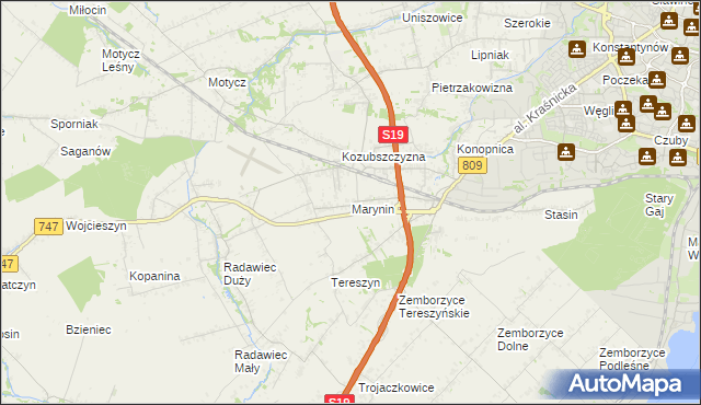 mapa Marynin gmina Konopnica, Marynin gmina Konopnica na mapie Targeo