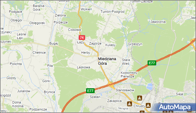 mapa Miedziana Góra powiat kielecki, Miedziana Góra powiat kielecki na mapie Targeo