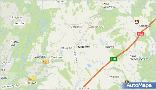 mapa Milejewo powiat elbląski, Milejewo powiat elbląski na mapie Targeo