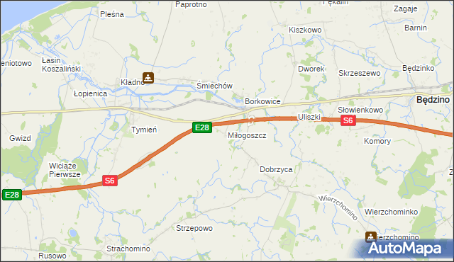 mapa Miłogoszcz gmina Będzino, Miłogoszcz gmina Będzino na mapie Targeo