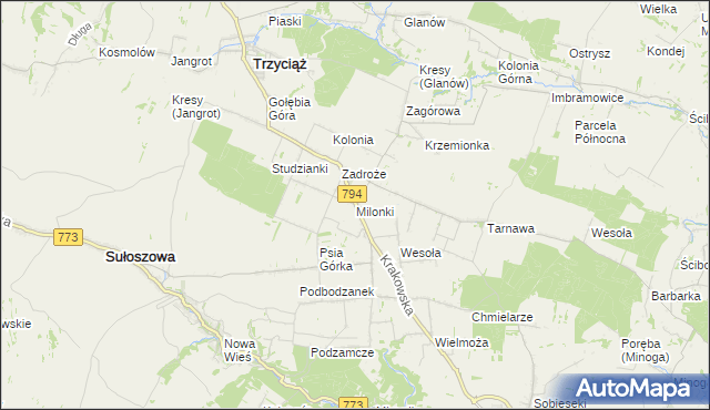 mapa Milonki gmina Trzyciąż, Milonki gmina Trzyciąż na mapie Targeo