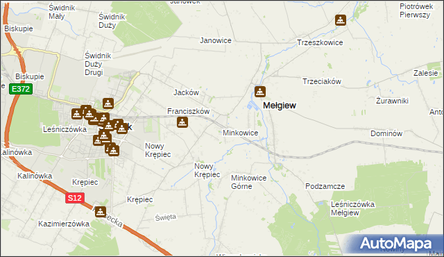 mapa Minkowice gmina Mełgiew, Minkowice gmina Mełgiew na mapie Targeo