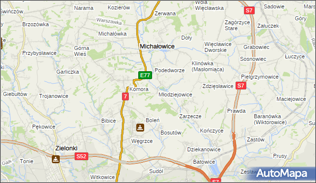 mapa Młodziejowice gmina Michałowice, Młodziejowice gmina Michałowice na mapie Targeo