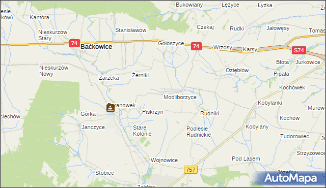 mapa Modliborzyce gmina Baćkowice, Modliborzyce gmina Baćkowice na mapie Targeo